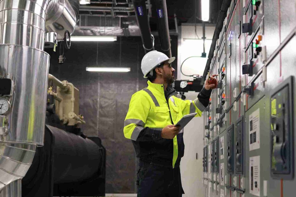 Olivier Prüfsachverständigen GmbH: Prüfsachverständiger bei der Kontrolle einer technischen Anlage im Fachbereich Gebäudetechnik.